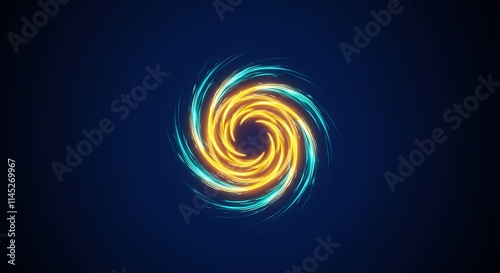 Vibrant glowing yellow and blue spiral light effect on dark background, concept for digital technology, business innovation and corporate communication