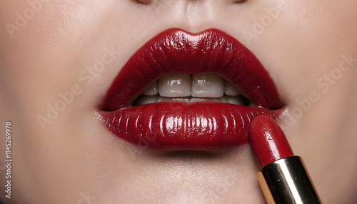 Beauty woman lips - applies a vibrant red lipstick - makeup glamour photo v5
