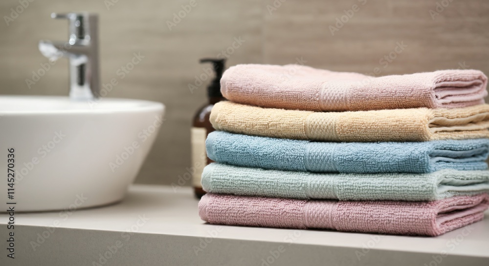 A stack of freshly folded pastel-colored towels on a clean, minimal bathroom counter