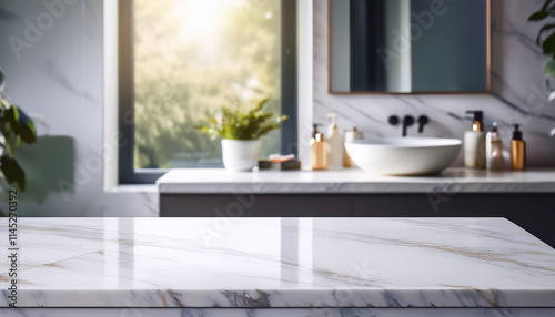 Empty marble table in front of blurred modern bathroom interior