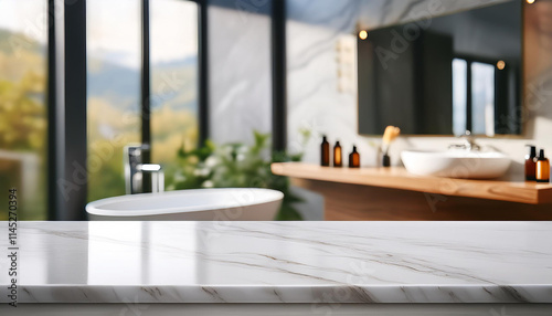 Empty marble table top in blurred modern bathroom with bathtub and large window