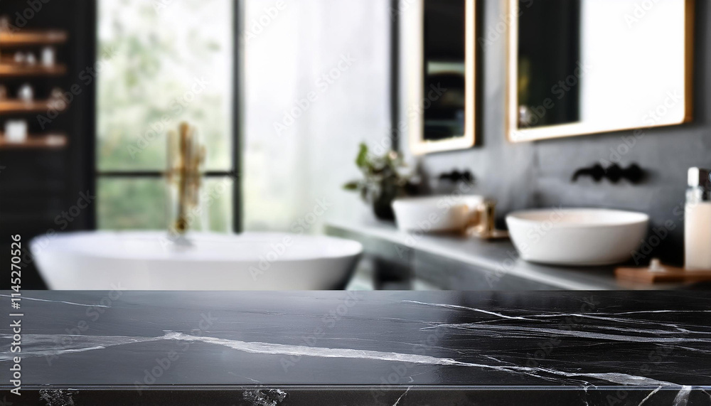 Empty black marble surface in blurred luxury bathroom interior Empty black marble surface in blurred luxury bathroom interior