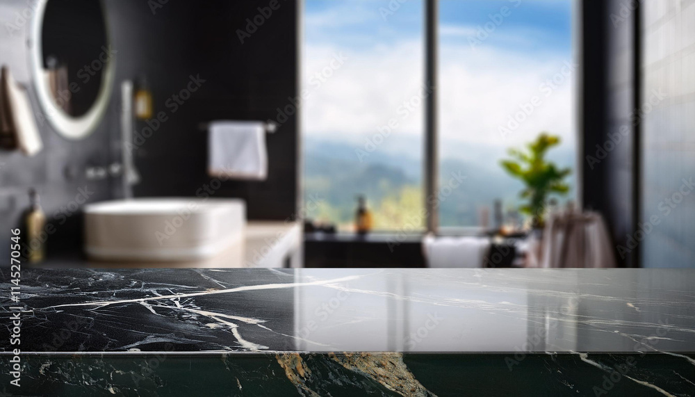 Empty marble top in blurred bathroom interior with mountain view Empty marble top in blurred bathroom interior with mountain view