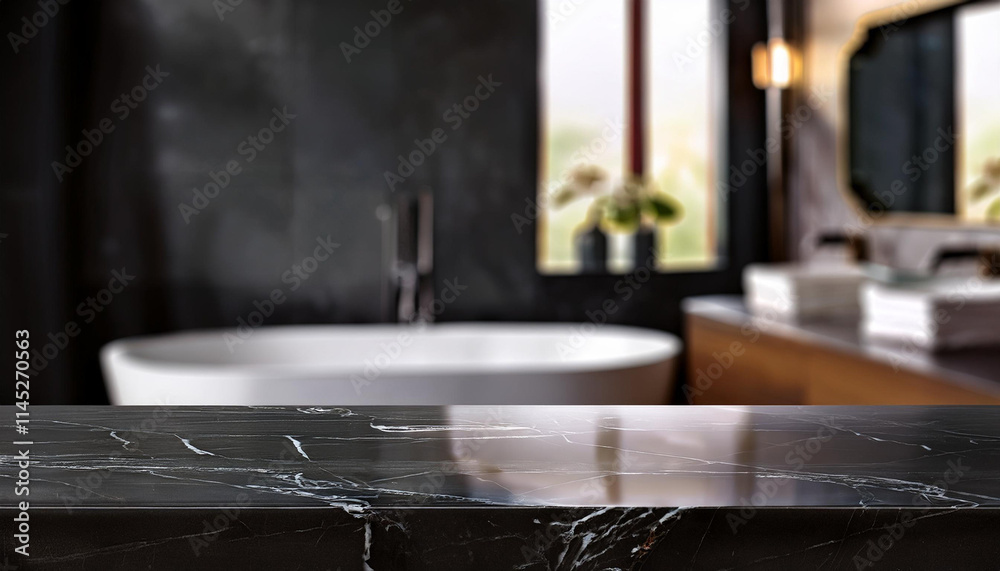 Fototapeta premium Empty black marble table top showing modern bathroom interior