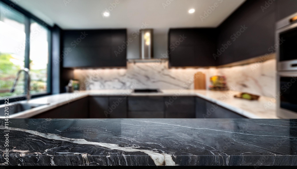 Empty black marble countertop with blurred modern kitchen in background Empty black marble countertop with blurred modern kitchen in background