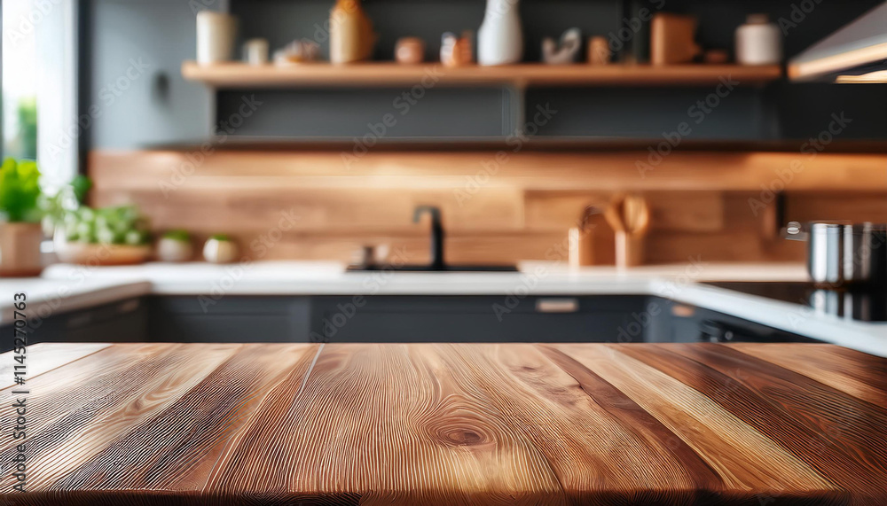 Empty wooden tabletop with blurred modern kitchen in background Empty wooden tabletop with blurred modern kitchen in background