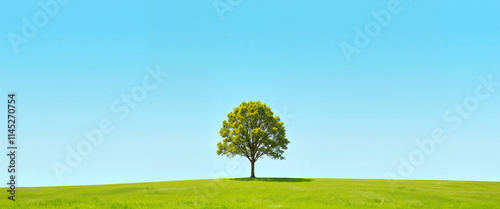 Lone green tree on a grassy field under a clear blue sky