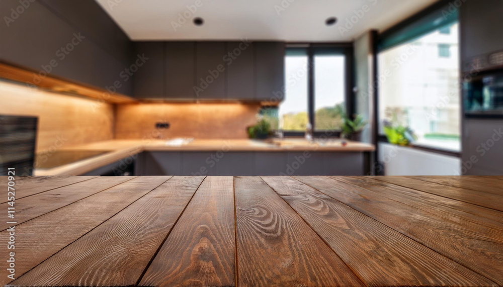 Empty wooden table in front of blurred modern kitchen interior background Empty wooden table in front of blurred modern kitchen interior background