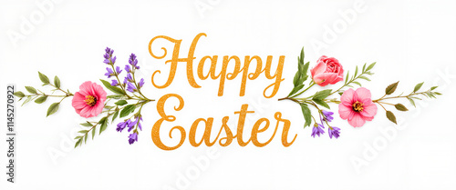 Happy Easter floral typography on white background