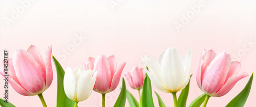 Pink and white tulips on light background