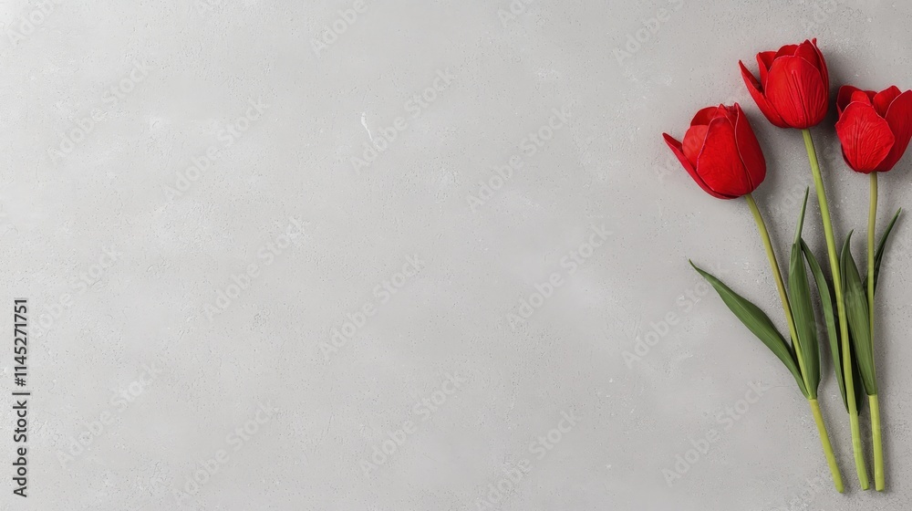 Three red tulips on grey background. Three red tulips on grey background.