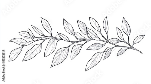 Elegant line art illustration of a leafy branch with detailed leaves on a white background.
