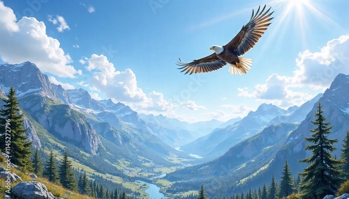 Bald eagle soaring above mountain valley, sunlight, World Wildlife Day