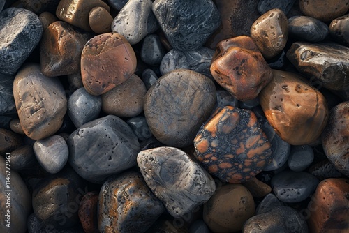 Image of Pile of grey pebble stones. Texture for background usage photo