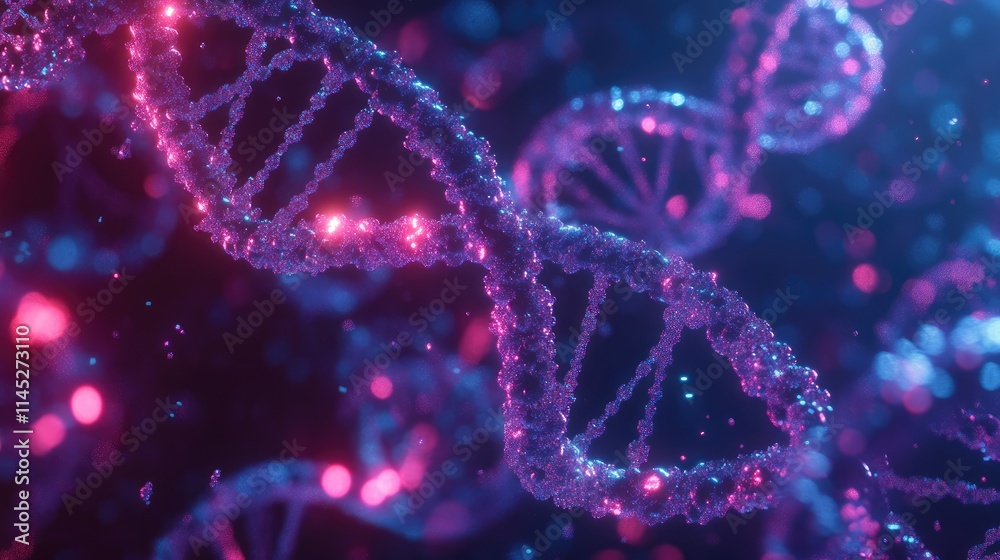 Viral particles illuminated under UV light, swirling with glowing DNA strands, viruses, genetic engineering theme Viral particles illuminated under UV light, swirling with glowing DNA strands, viruses, genetic engineering theme