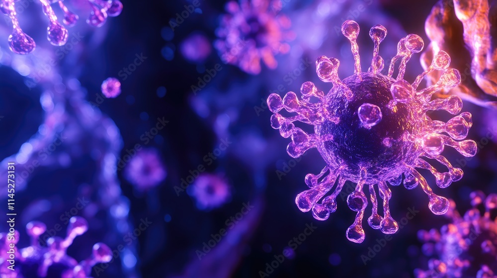 Obraz premium Viral particles illuminated under UV light, swirling with glowing DNA strands, viruses, genetic engineering theme