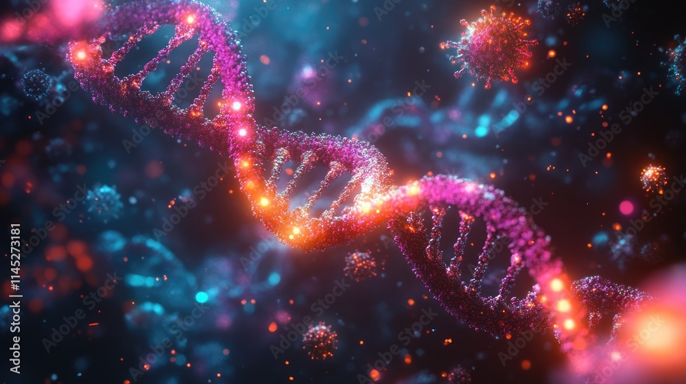 Viral particles illuminated under UV light, swirling with glowing DNA strands, viruses, genetic engineering theme Viral particles illuminated under UV light, swirling with glowing DNA strands, viruses, genetic engineering theme