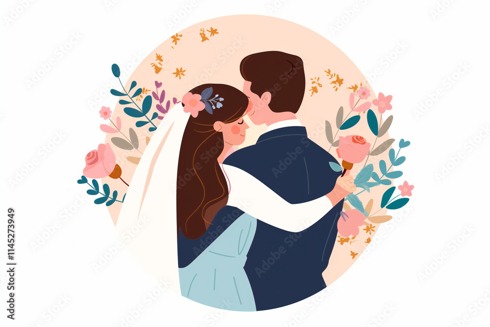 Bride and Groom Embrace, Floral Illustration Bride and Groom Embrace, Floral Illustration