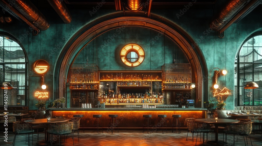 Obraz premium Luxurious teal and copper bar interior with arched alcove, lighting, and seating.
