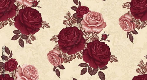 Wallpaper Mural Gorgeous vintage floral wallpaper.  Red and pink roses, lace, damask pattern.  Decorative. Torontodigital.ca