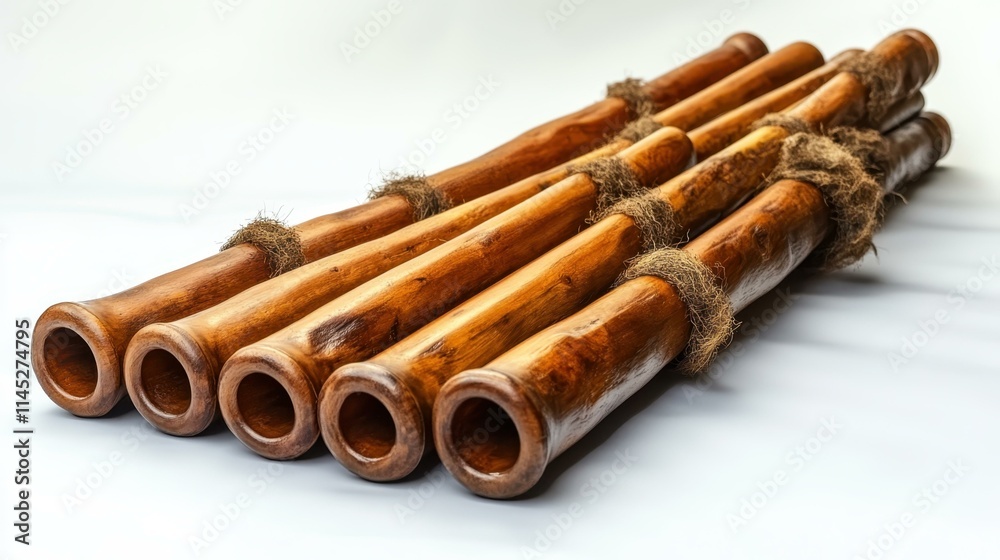 Traditional Cultural Instruments Peruvian pan flute with multiple pipes of varying lengths Isolated solo on plain background Traditional Cultural Instruments Peruvian pan flute with multiple pipes of varying lengths Isolated solo on plain background