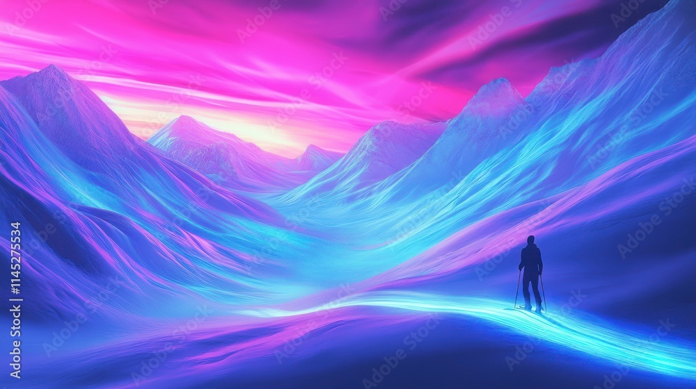A lone figure skis across a vibrant, neon-lit mountain valley at sunset. A lone figure skis across a vibrant, neon-lit mountain valley at sunset.