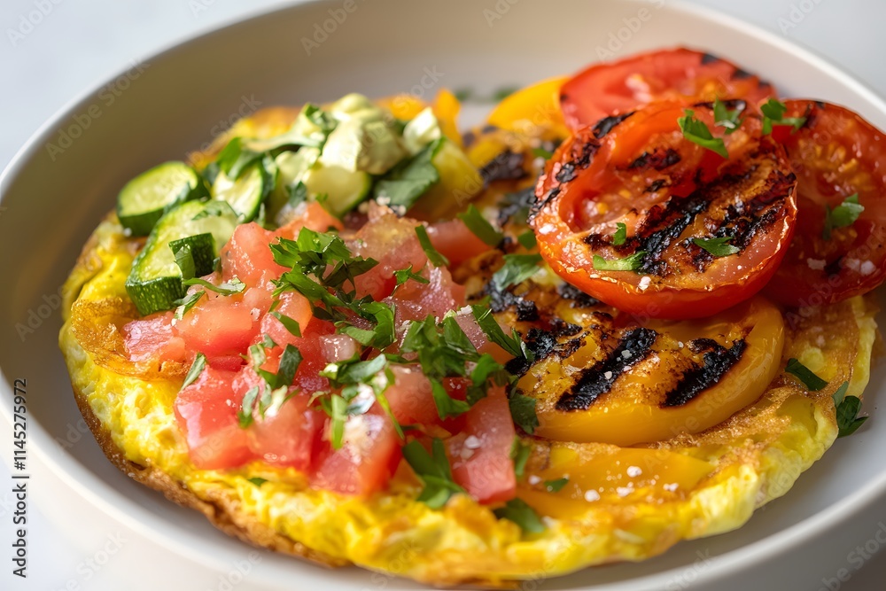 Omelette with grilled tomatoes, zucchini, and avocado. Omelette with grilled tomatoes, zucchini, and avocado.