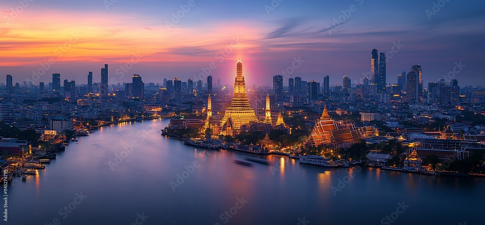 A stunning sunset view over a city skyline with a prominent temple and river.