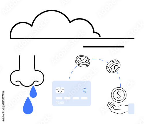 Nose with two blue water drops, cloud line, payment card, hand receiving coins. Ideal for financial literacy, health awareness, online transactions, cloud computing, medical expenses digital