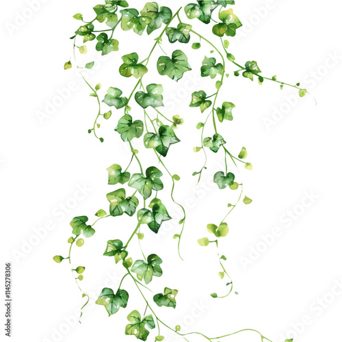 A watercolor painting of green vines with tiny flowers, isolated on a white background. Green vines with tiny flowers vector.
