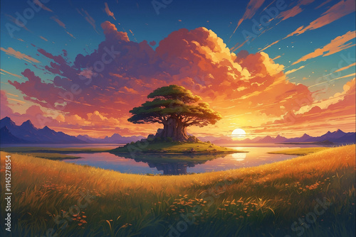 Floating island at twilight, shimmering golden grass, orange skies, and a soft rainbow in anime style