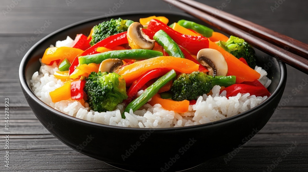 Stir-fried vegetables and rice kitchen food photography modern environment close-up healthy eating Stir-fried vegetables and rice kitchen food photography modern environment close-up healthy eating