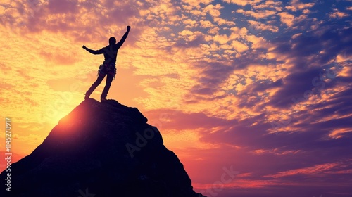 Silhouette of a person celebrating victory on a mountain peak at sunset.