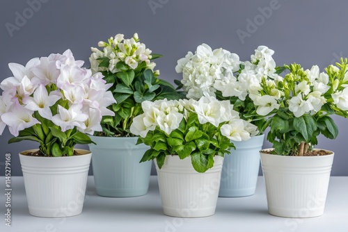 Wallpaper Mural A collection of white and pink flowers arranged in white pots, elegantly displayed on a table. Torontodigital.ca