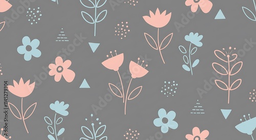 Cute floral pattern with pastel colors.  Abstract flowers, geometric shapes, and dots. Seamless design.