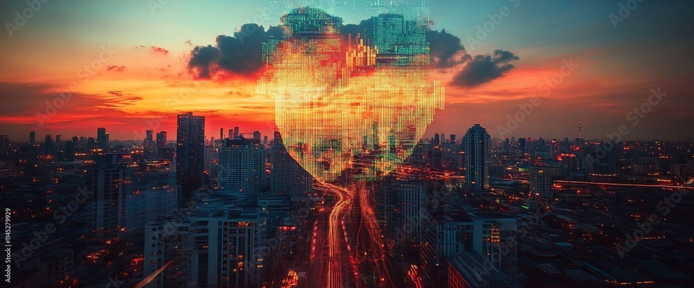 A vibrant cityscape blended with digital heart imagery at sunset. A vibrant cityscape blended with digital heart imagery at sunset.