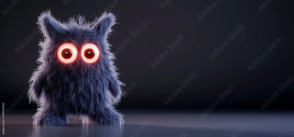 Fototapeta premium Cute fluffy monster with glowing eyes on dark background.
