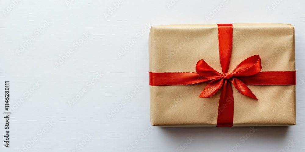 A single wrapped gift sits elegantly on a minimalist white background accented by a plain red ribbon. This gift is ideal for St Nicholas Day celebrations adding a festive touch to the occasion A single wrapped gift sits elegantly on a minimalist white background accented by a plain red ribbon. This gift is ideal for St Nicholas Day celebrations adding a festive touch to the occasion