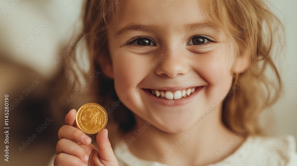 A cheerful girl around seven years old is smiling brightly while holding a shiny golden St Nicholas chocolate coin. Soft natural light illuminates her joyful expression against a plain background