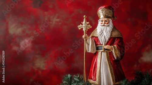 This festive display showcases St Nicholas Day decorations against a rich red backdrop. The figure of Saint Nicholas adorned in intricate attire brings holiday cheer to any setting