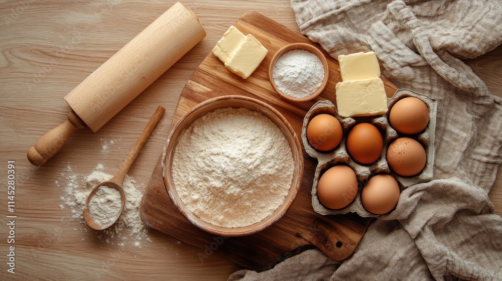 Baking ingredients flour, eggs, butter, sugar, rolling pin on wooden table. Baking ingredients flour, eggs, butter, sugar, rolling pin on wooden table.