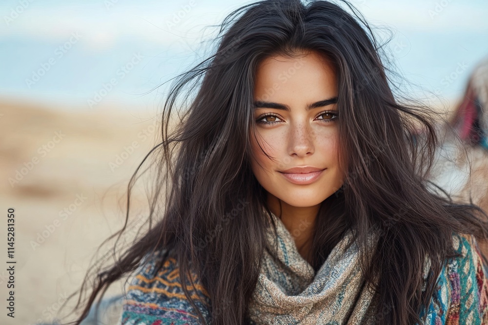 A desert woman with wind-swept hair. Generative AI A desert woman with wind-swept hair. Generative AI