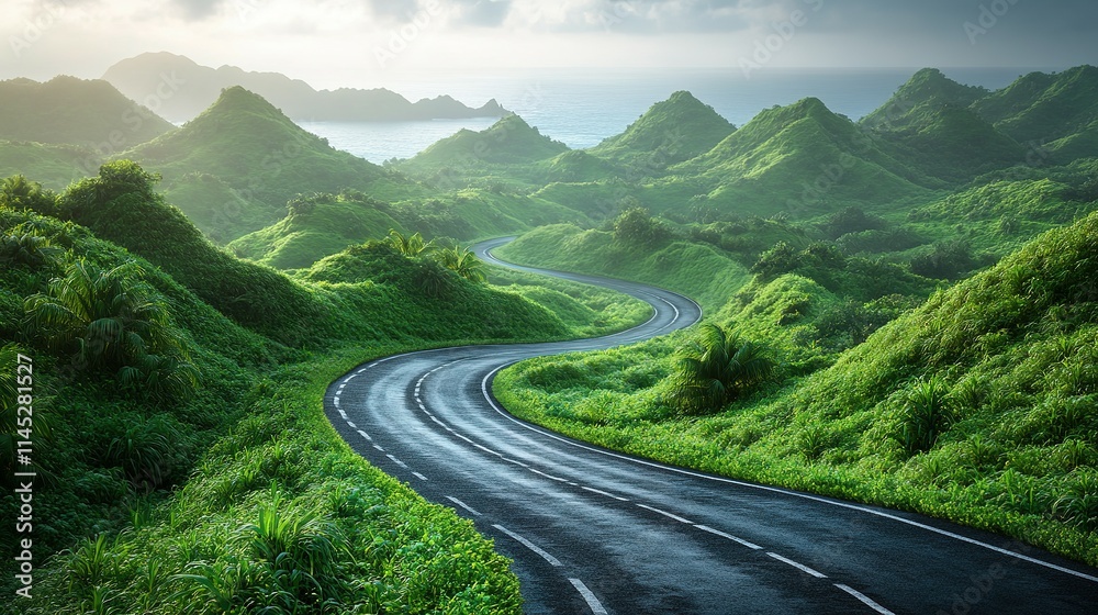 Winding Road Through Lush Green Tropical Hills Winding Road Through Lush Green Tropical Hills