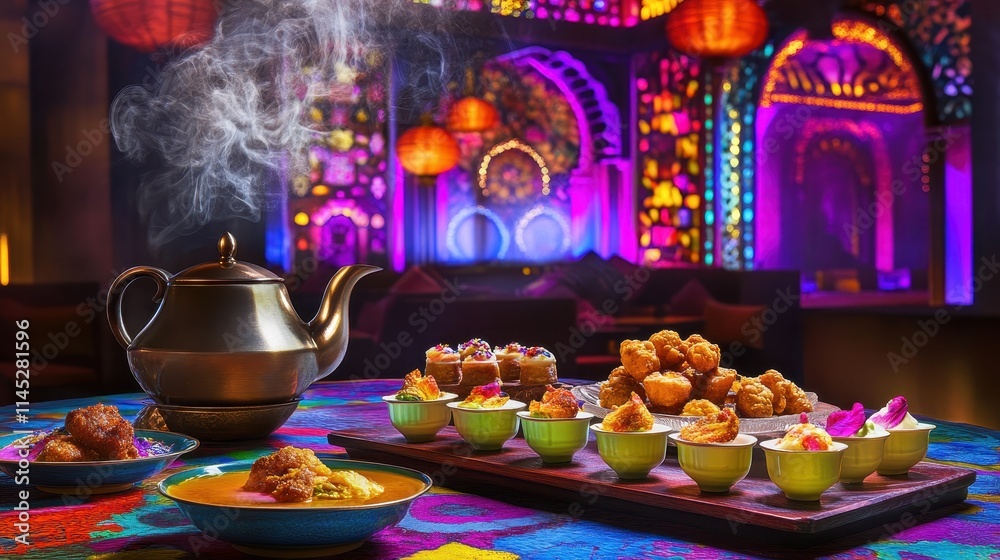 A chai tea setup featuring a steaming kettle, small ceramic cups, and a platter of Indian snacks, placed on a colorful tablecloth. The background showcases vibrant Indian decor. A chai tea setup featuring a steaming kettle, small ceramic cups, and a platter of Indian snacks, placed on a colorful tablecloth. The background showcases vibrant Indian decor.