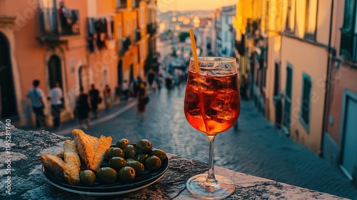 Fototapeta Naklejka Na Ścianę i Meble -  A chilled glass of Aperol Spritz on a sunny terrace in Italy, with a plate of olives and breadsticks on the table. The view overlooks a charming cobblestone street bustling with locals and tourists. 