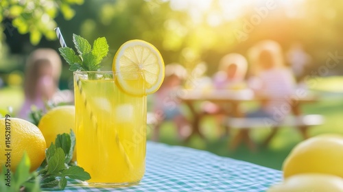 A chilled glass of lemonade on a picnic table, garnished with a lemon slice and a sprig of fresh mint. The backdrop features a sunny park with children playing and a gingham tablecloth. 