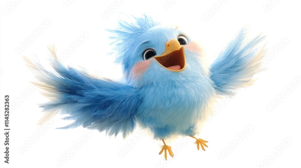 Fototapeta premium Happy blue bird with wings spread wide, flying against a white background.