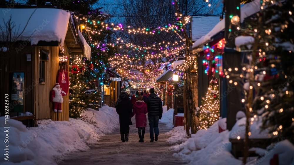 Family strolling through a snow-covered, Christmas-lit village street at night. Family strolling through a snow-covered, Christmas-lit village street at night.