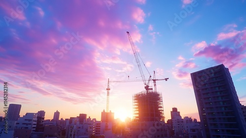 Construction crane against vibrant sunset over city skyline.