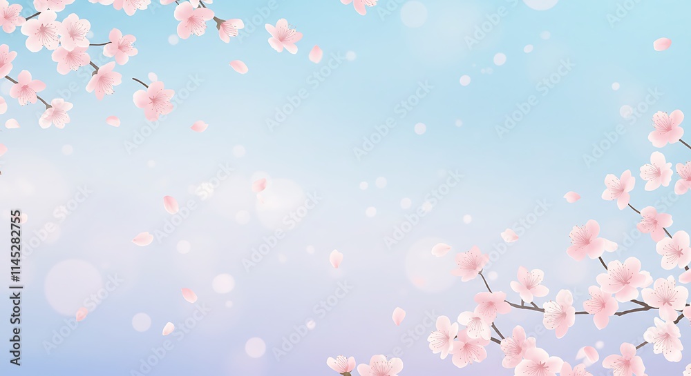 Delicate pink cherry blossom petals. Spring flowers, light pastel sky background. Delicate pink cherry blossom petals. Spring flowers, light pastel sky background.